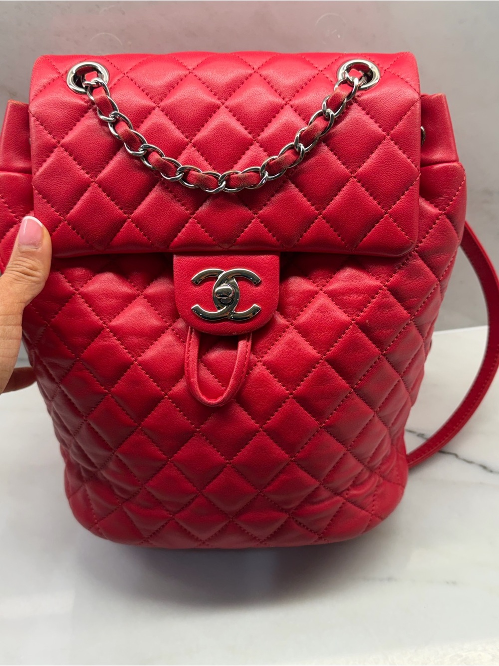 CHANEL Red Quilted Leather Backpack with Silver CC Hardware